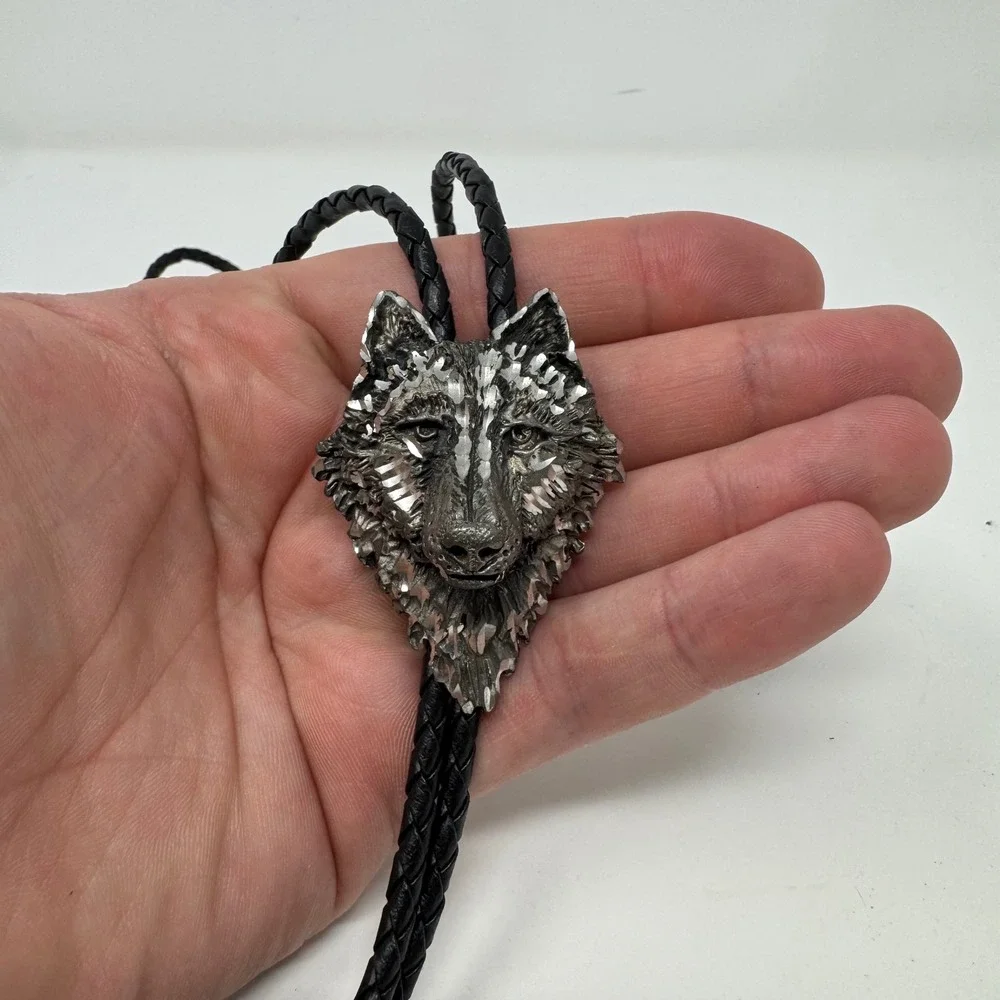 Vintage Pewter Wolf‎ Bolo Tie Western Unisex Braided EJC 96 Signed